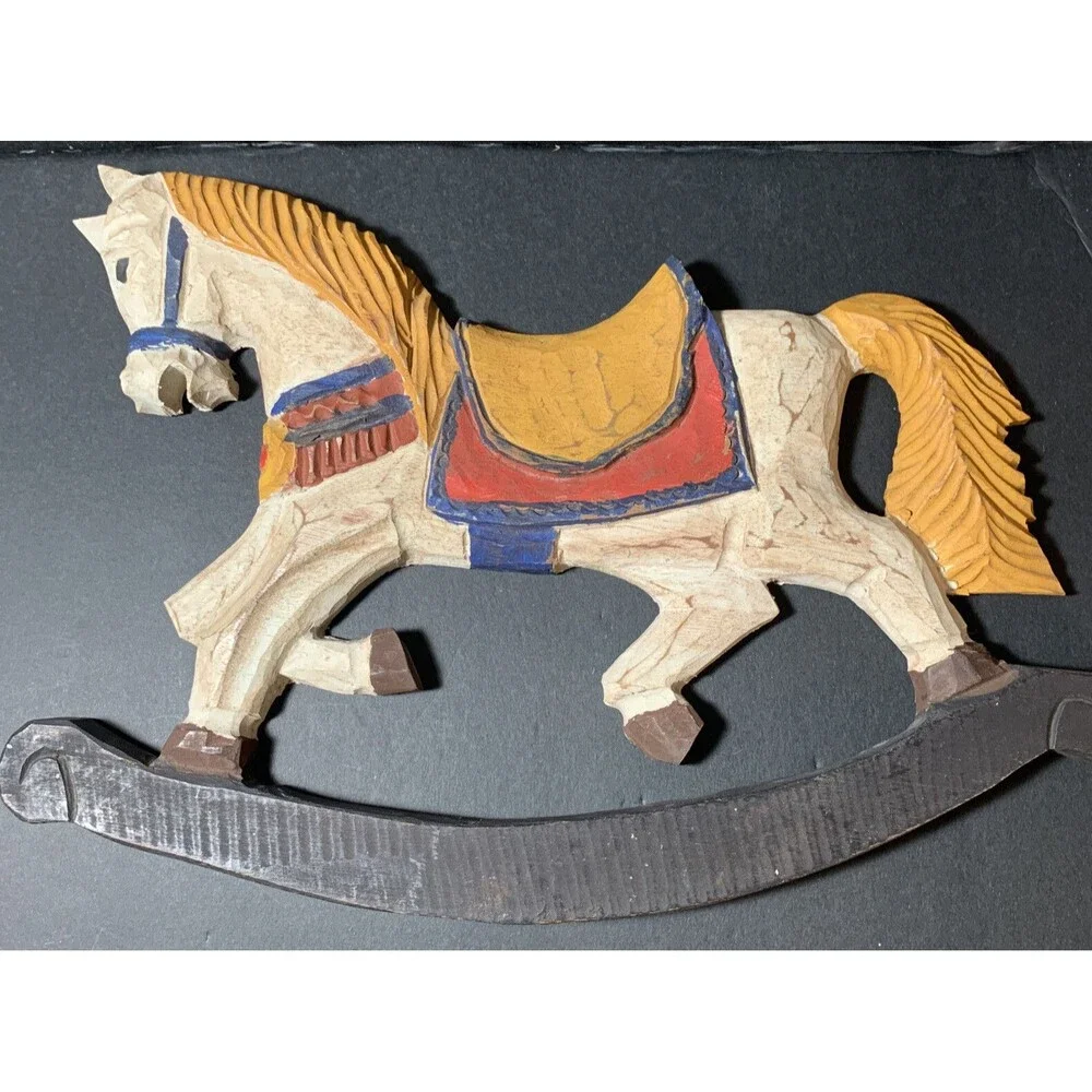 Antique Wooden Rocking Horse Wall Plaque Hanging Wood Picture Décor Nursery Deco